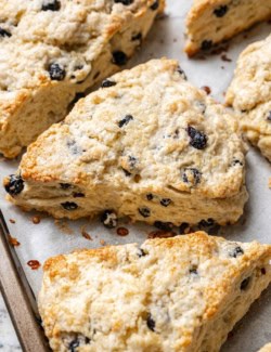 Closeup of blueberry scones on baking sheet