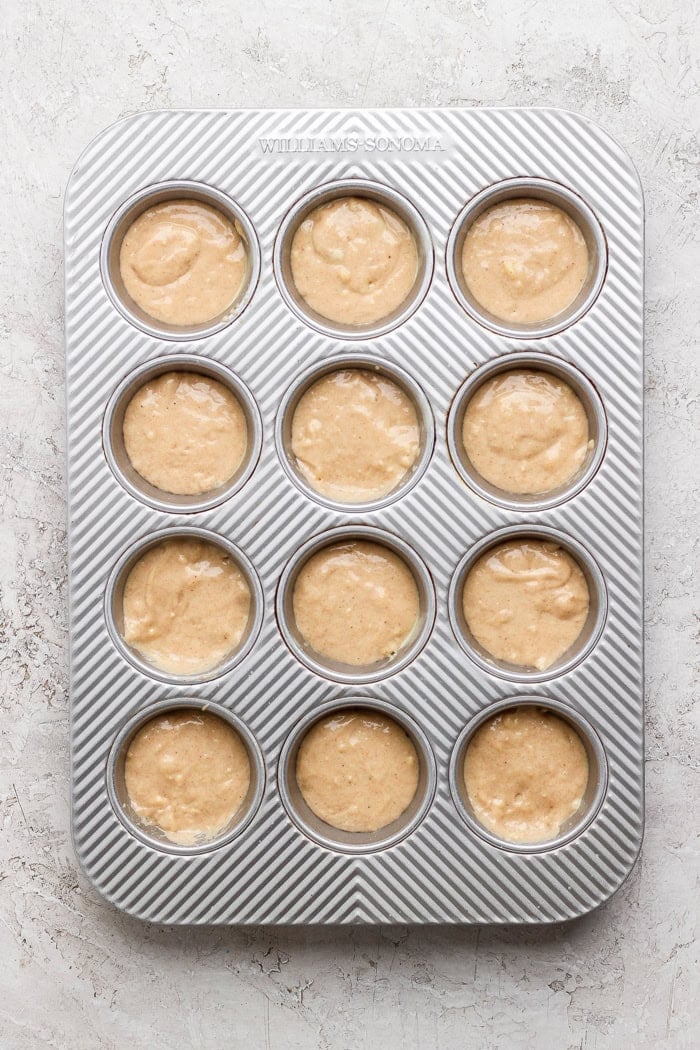 Overhead view of batter divided into muffin pan for doughnut muffins