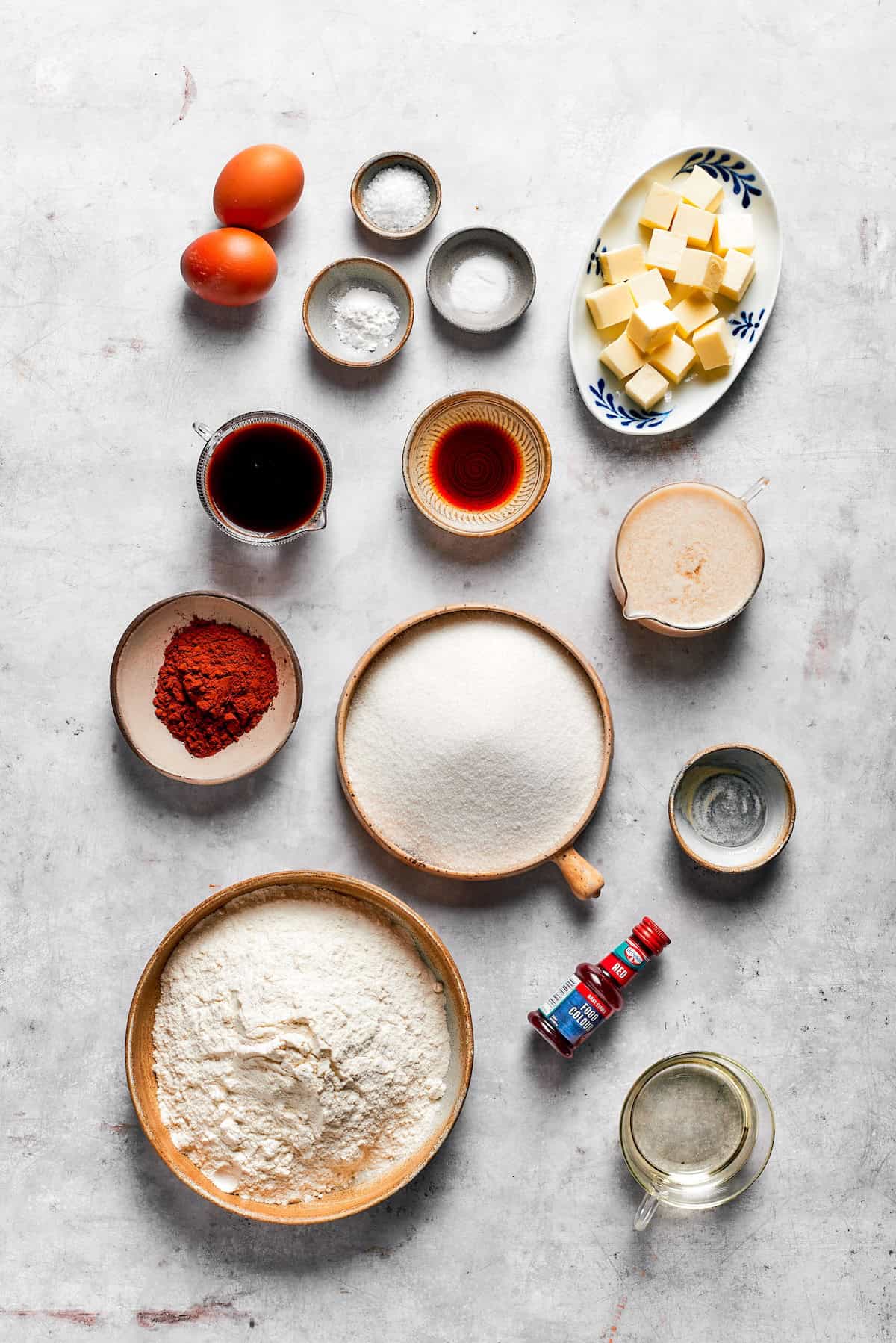 Overhead view of ingredients for red velvet cake