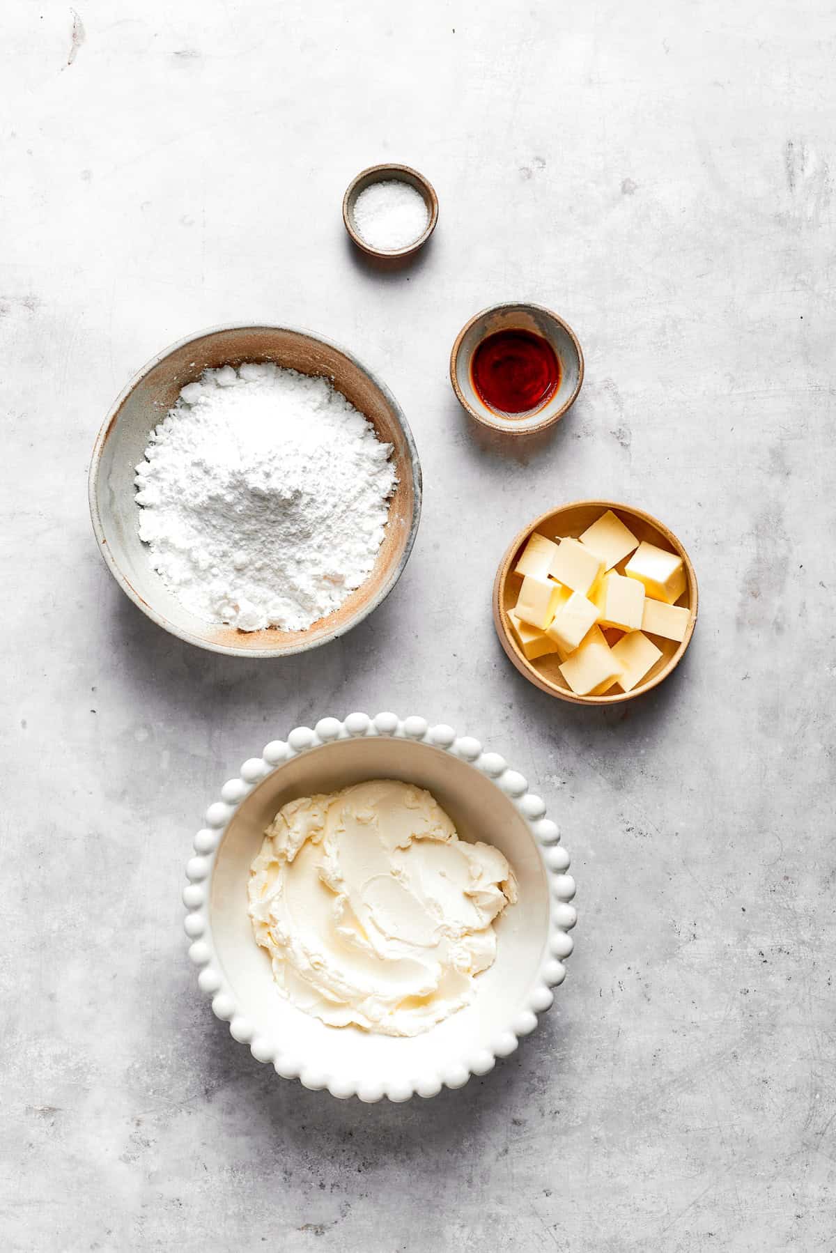 Overhead view of ingredients for cream cheese frosting
