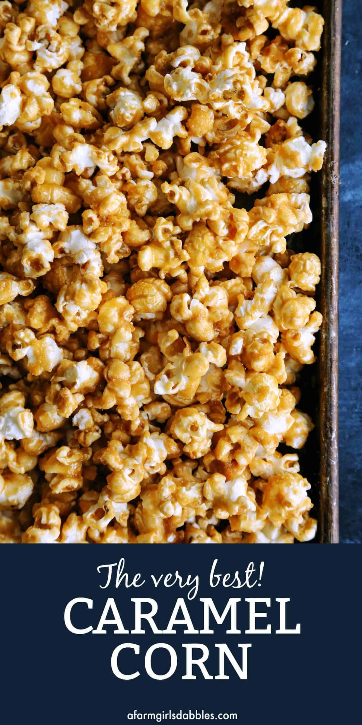Pinterest title image for Baked Caramel Corn.