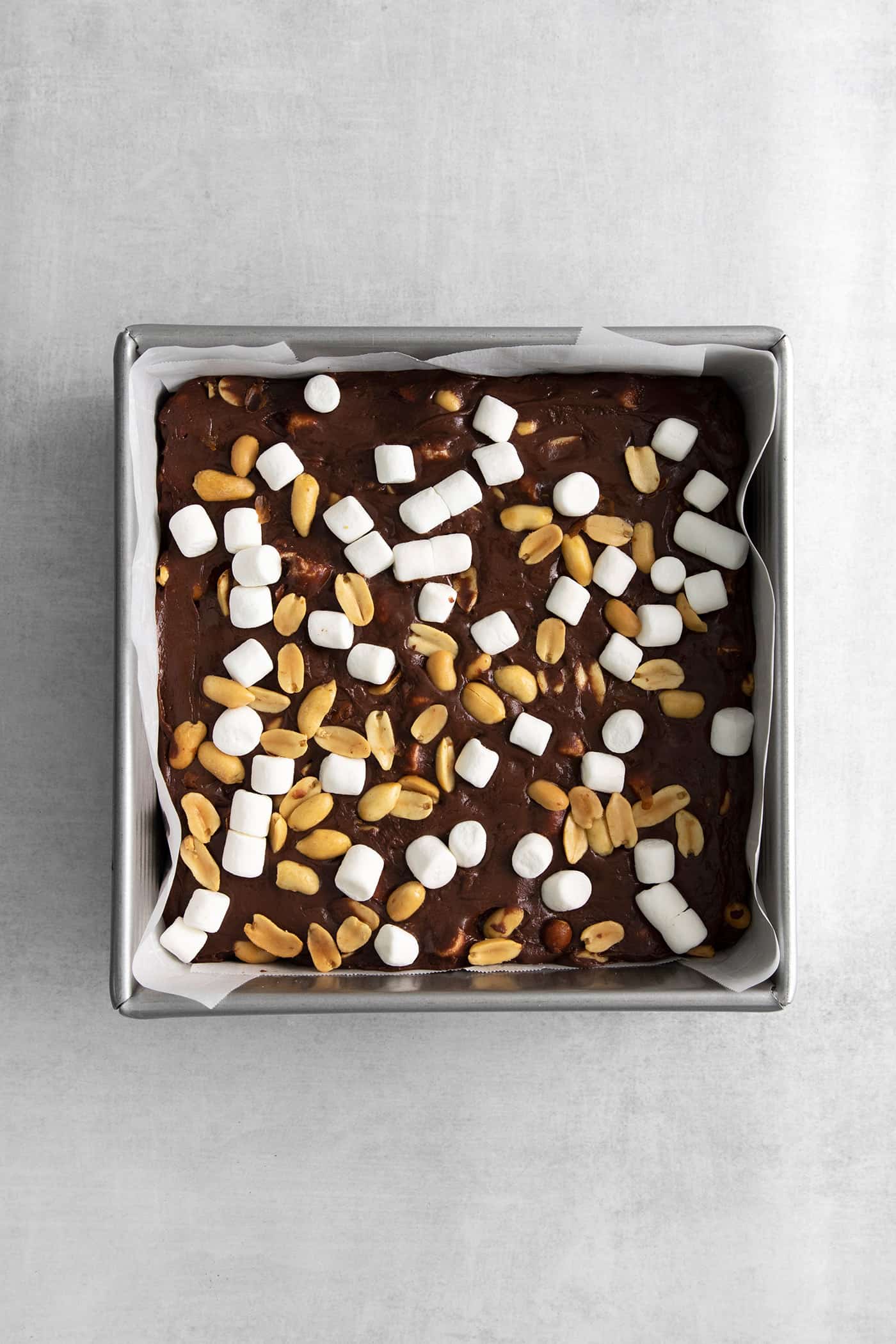 Quick and easy, this Rocky Road Fudge is made with creamy chocolate fudge stuffed with salty, crunchy peanuts and sweet, soft marshmallows. Rocky road fudge in an 8x8 pan