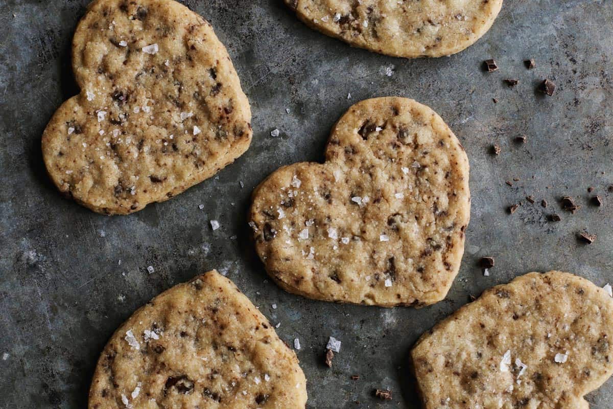 These delicate Chocolate Chip Shortbread Cookies are buttery, crisp, and flecked with bittersweet chopped chocolate. Chocolate Chip Shortbread Cookies on a pan