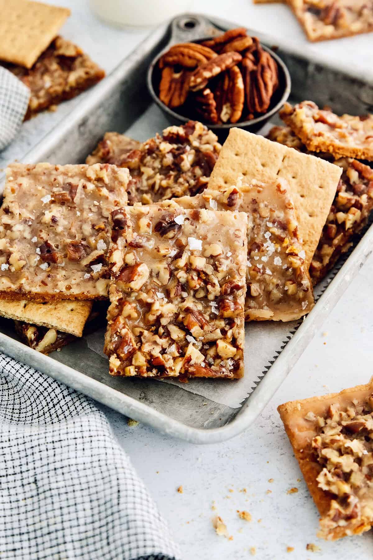 Toffee squares in the baking sheet.