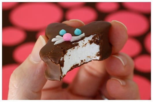 a bite taken out of a marshmallow bunny