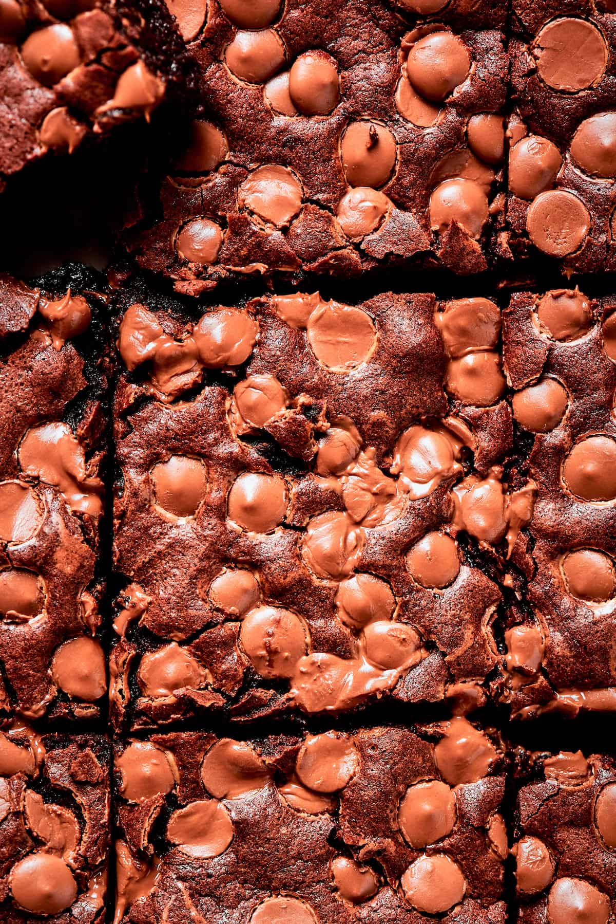 These fudgy brownies are a cinch to make with everyday pantry ingredients and the intensely fudgy texture and chocolate flavor is awesome! Closeup view of sliced fudgy brownies with chocolate chips