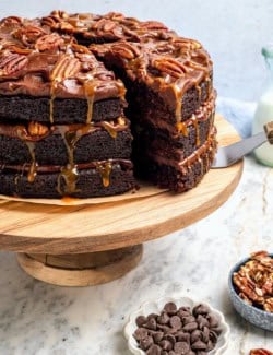 Pulling slice of turtle cake from cake stand.