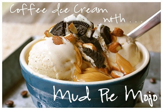a bowl of coffee ice cream topped with oreos and peanut butter