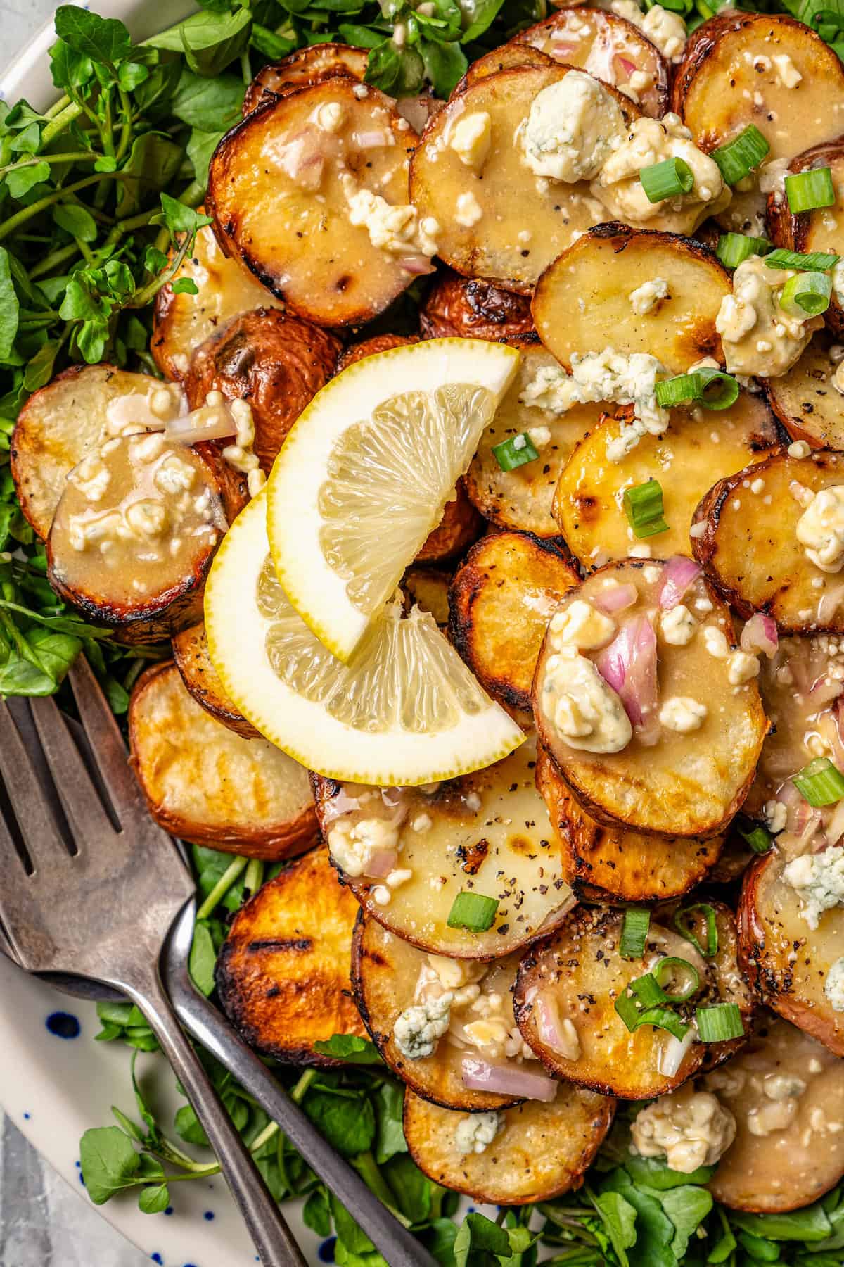 With smoky red potatoes and a rich blue cheese vinaigrette, this grilled potato salad recipe is so delicious, it might just steal the show! Overhead view of grilled potato salad on platter with two forks