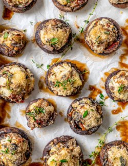 Overhead view of bacon stuffed mushrooms with blue cheese
