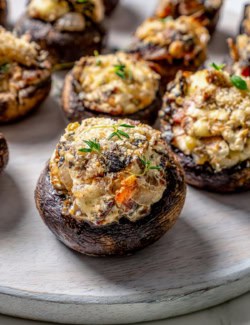 Closeup of stuffed mushrooms with bacon and blue cheese