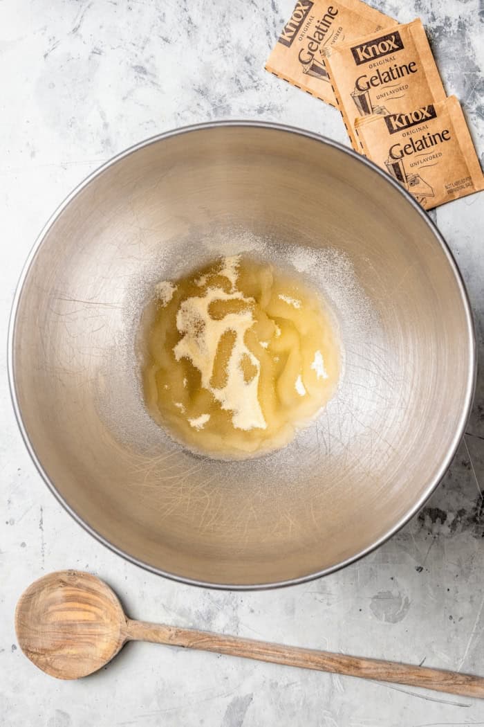 Homemade Marshmallow Hearts are the very best way to send a little love on Valentine’s Day — or any time of year. Fluffy, puffy, and sweet! Gelatin and water in mixing bowl