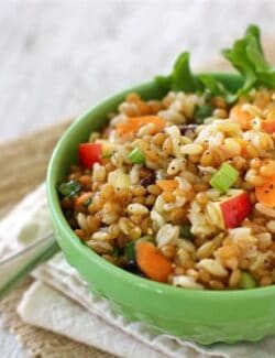 A bowl of three grain and vegetable salad.