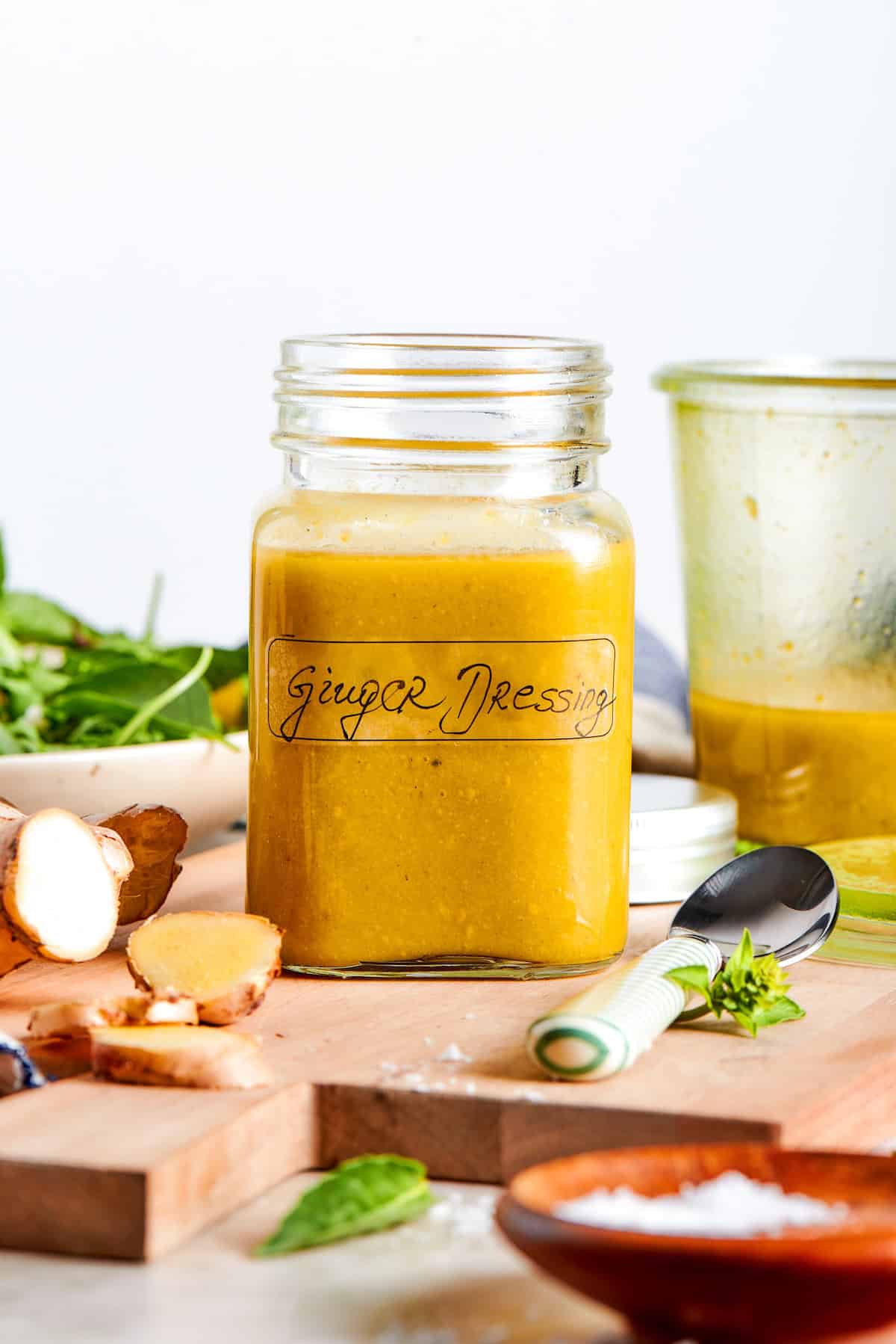 Jar of homemade ginger dressing.