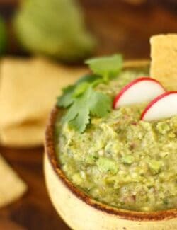 a pottery bowl of guacamole with tortilla chips
