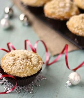an eggnog muffin with christmas ornaments