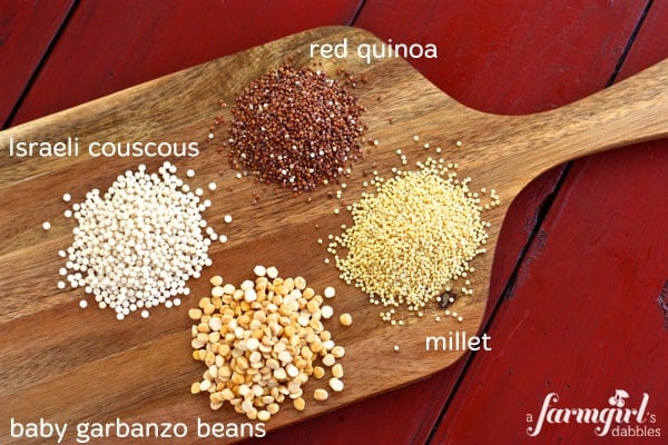 red quinoa, millet, baby garbanzo beans, and israeli couscous