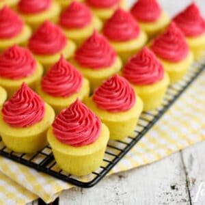 Mini Lemon cupcakes topped with Fresh Raspberry Buttercream