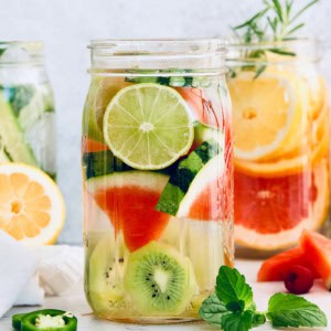 Jar of spa water with kiwi, watermelon, and lime