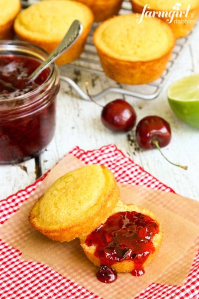 cornbread muffins and cherry jam