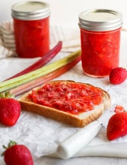 Slice of bread topped with homemade strawberry rhubarb jam