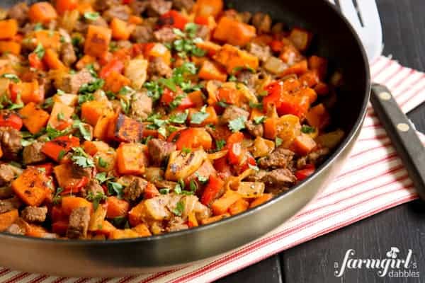 A skillet of beef and sweet potato hash
