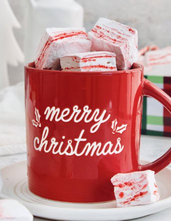Peppermint marshmallows piled into mug of hot chocolate.