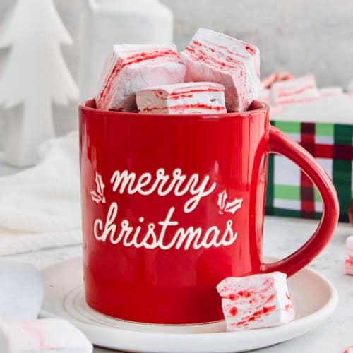 Peppermint marshmallows piled into mug of hot chocolate.