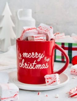 Peppermint marshmallows piled into mug of hot chocolate.
