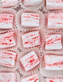 Peppermint marshmallows in cupcake wrappers.