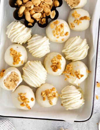 Overhead view of white chocolate peanut butter balls
