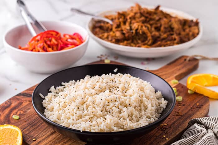 A black bowl of rice