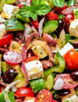 Closeup overhead view of fresh Greek chopped salad