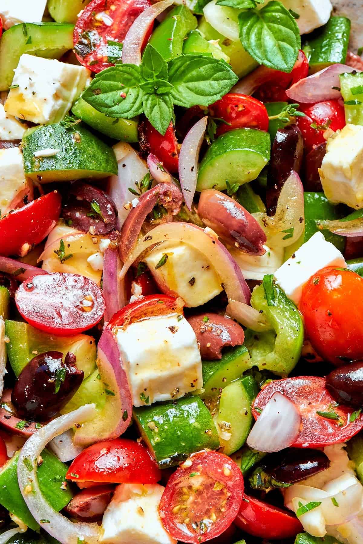 Closeup overhead view of fresh Greek chopped salad