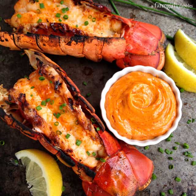 Grilled Lobster Tails with Sriracha Butter - afarmgirlsdabbles.com #lobster #grilling #sriracha #butter