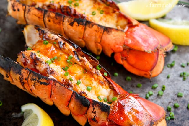 Grilled Lobster Tails with Sriracha Butter - afarmgirlsdabbles.com #lobster #grilling #sriracha #butter