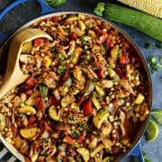 End of Summer Chicken Chili in a blue pot