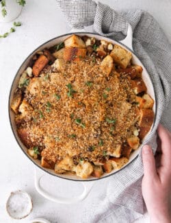 Overhead view of a hand holding the side of a casserole dish with mushroom sausage dressing.