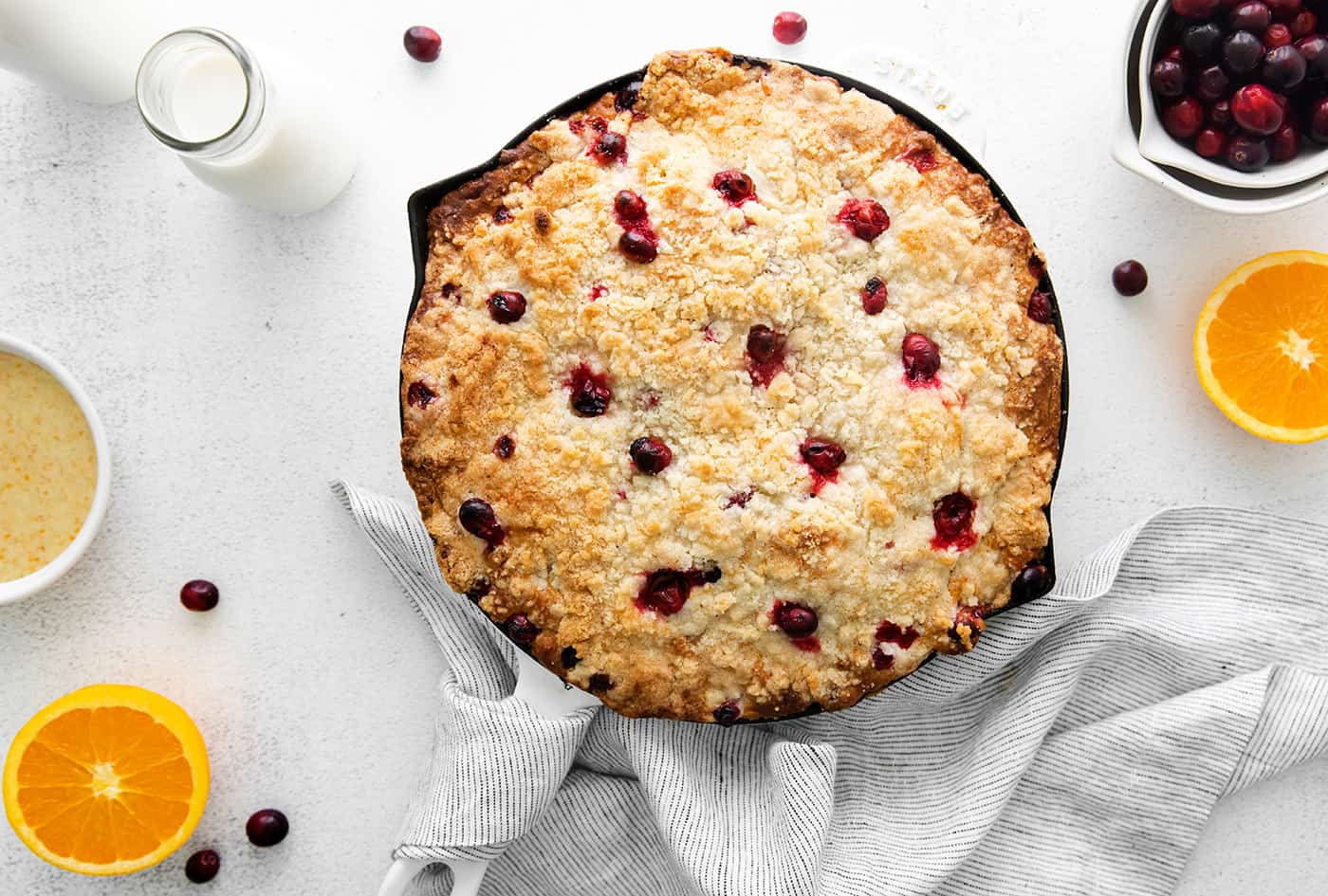 Overhead view of cranberry orange skillet cake
