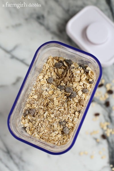 oatmeal mix in a tall, clear container