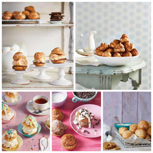 This pumpkin pie cream puff recipe is the perfect dessert for Thanksgiving. They're layered with pumpkin pie filling and maple whipped cream! Photo collage from Simply Sweet Dream Puffs by Barbara Schieving.