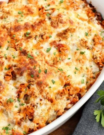 Lasagna casserole in white oval baking dish