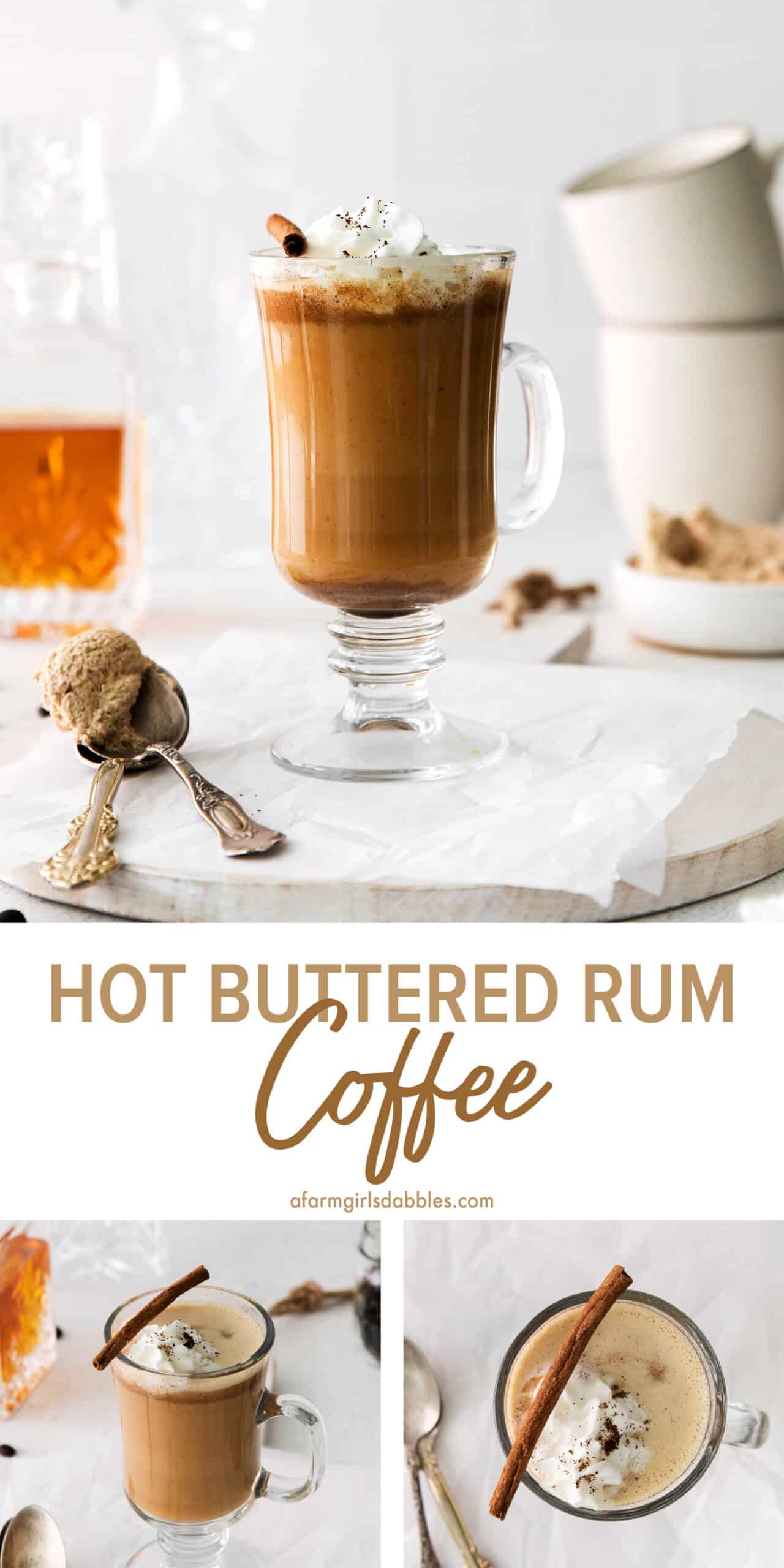 Three images of hot buttered rum coffees