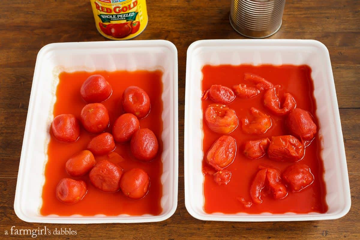 Two trays of canned whole tomatoes side by side, showing the difference in texture between Red Gold tomatoes and another brand.
