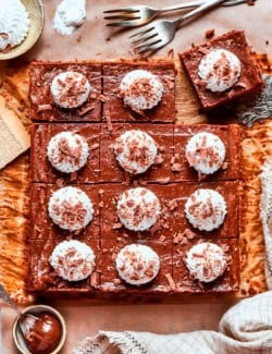 Sliced Nutella cheesecake bars on countertop.