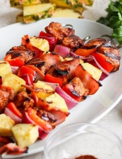 Platter of grilled Hawaiian chicken kabobs