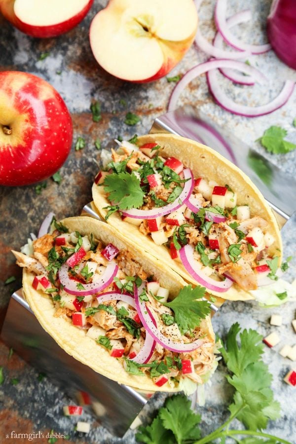 Autumn-Spiced Cheddar Chicken Tacos with Apples on a silver taco holder