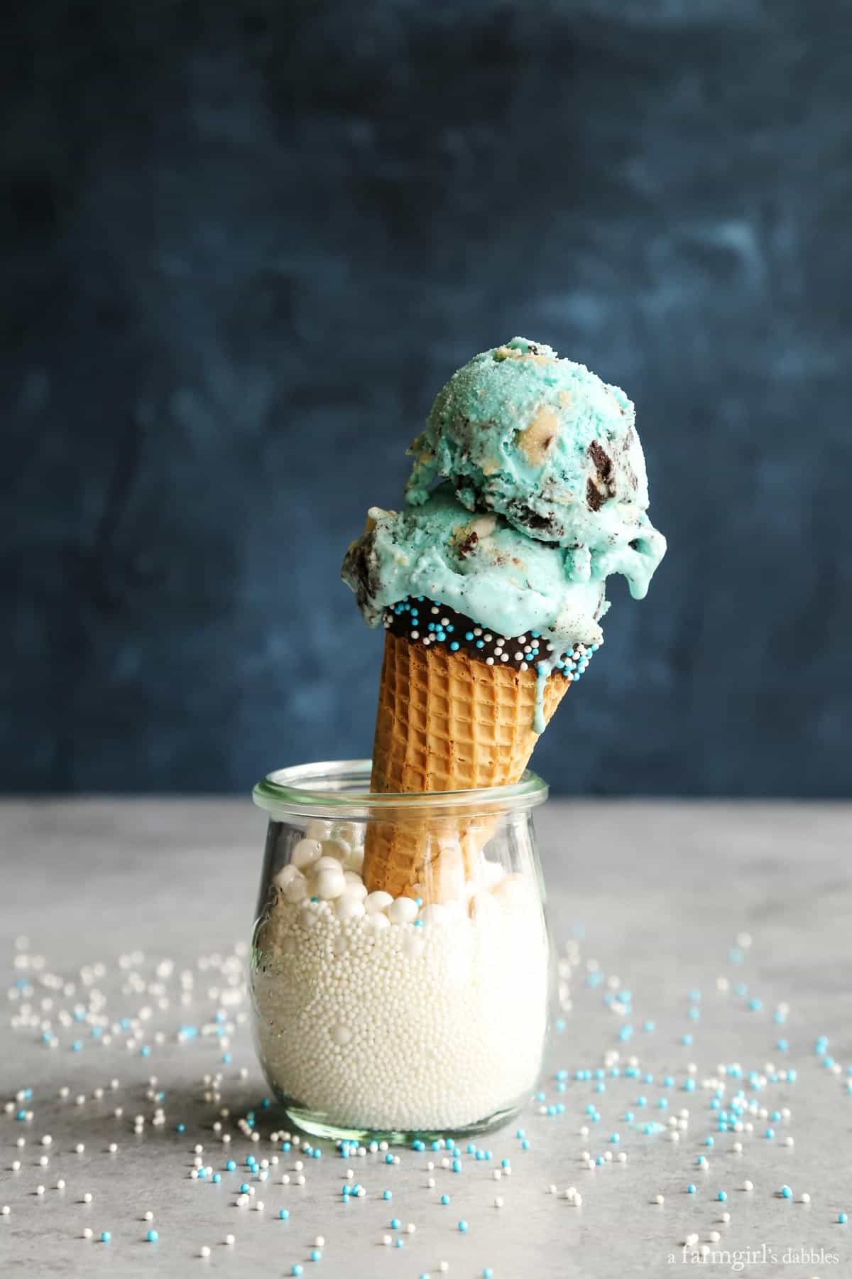 Cookie Monster Ice Cream in a dipped cone