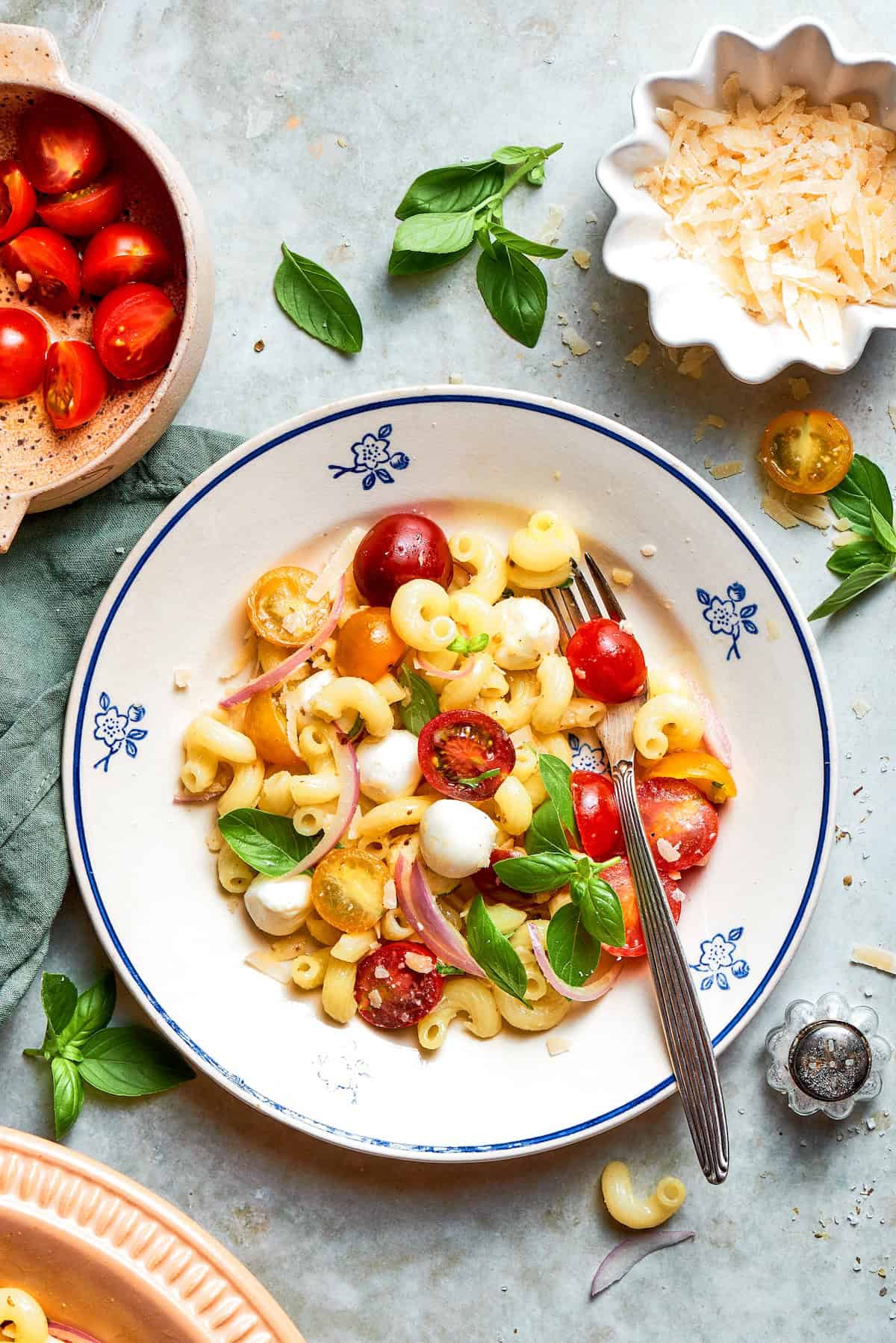 Caprese pasta salad in bowl.
