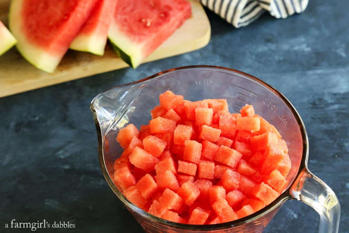 This watermelon and citrus shrimp ceviche recipe is loaded with nuggets of fresh shrimp, plus the bright flavors of orange and lime! a bowl of cubed watermelon